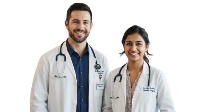 Two smiling doctors in white coats